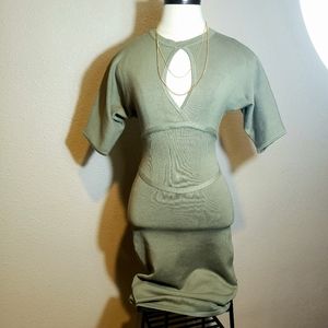 BEBE Midi Olive Green Keyhole Dress XS 3/4 Sleeves